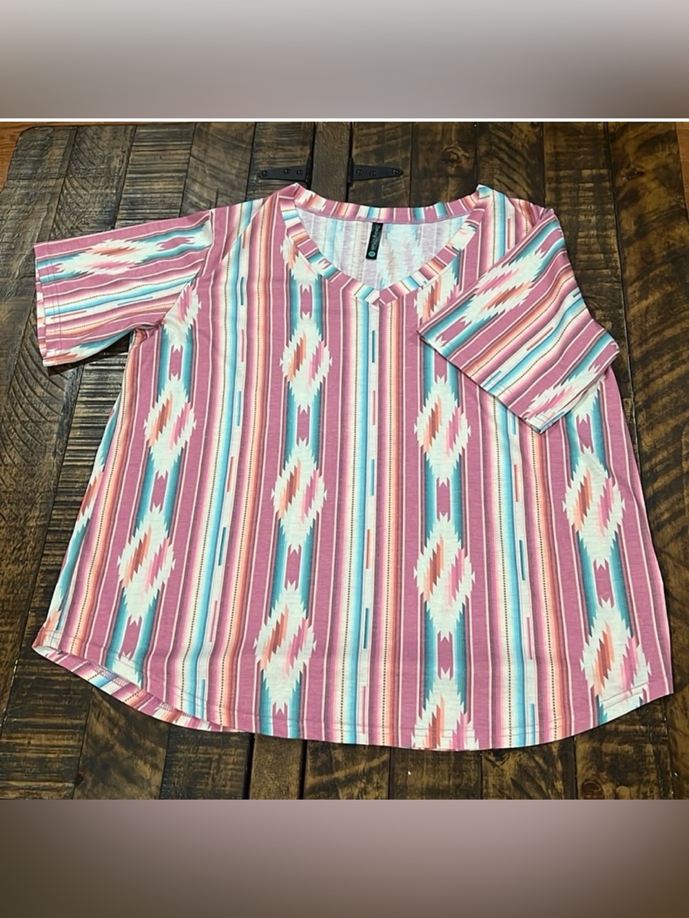 Boho Southwestern Aztec vibe Striped V-Neck Women's Top - Pink and Blue 2X